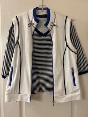 Picadilly Fashion White Vest with Navy Trim and Striped Sleeves